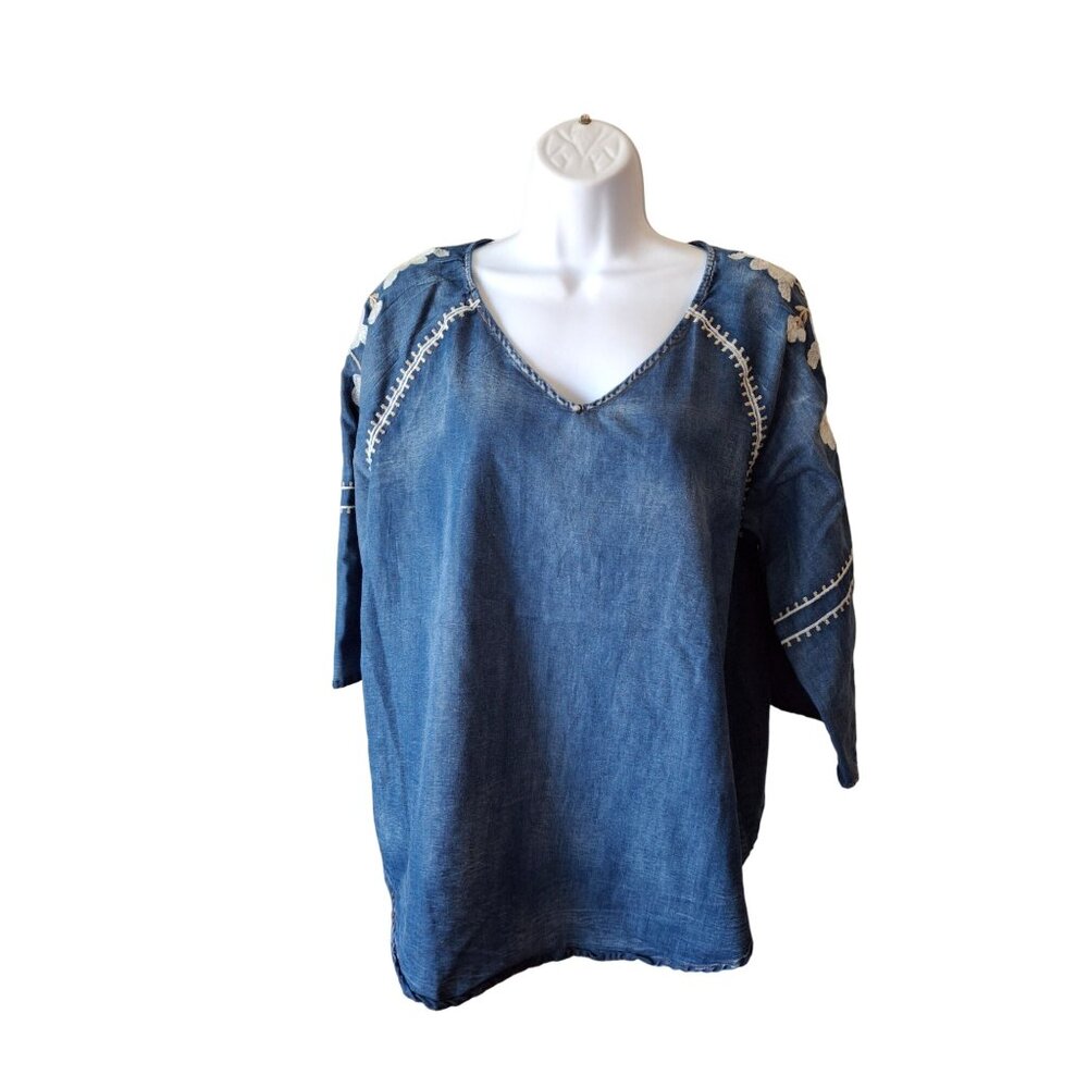 Mür Mür Womens Denim Top XL Blue Embroidered Accents 3/4 Sleeves Boho